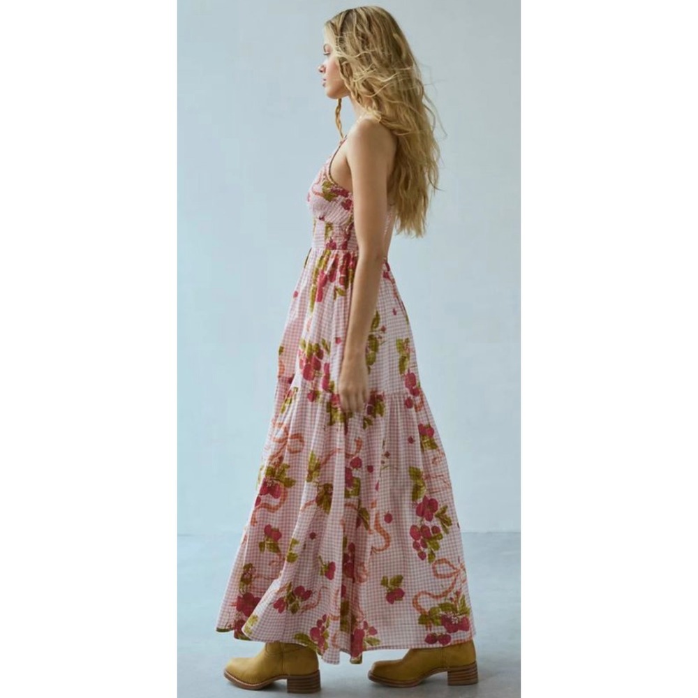 Kimchi Blue Maxi Dress Women S Pink Gingham Floral Smocked Tiered Good Boho